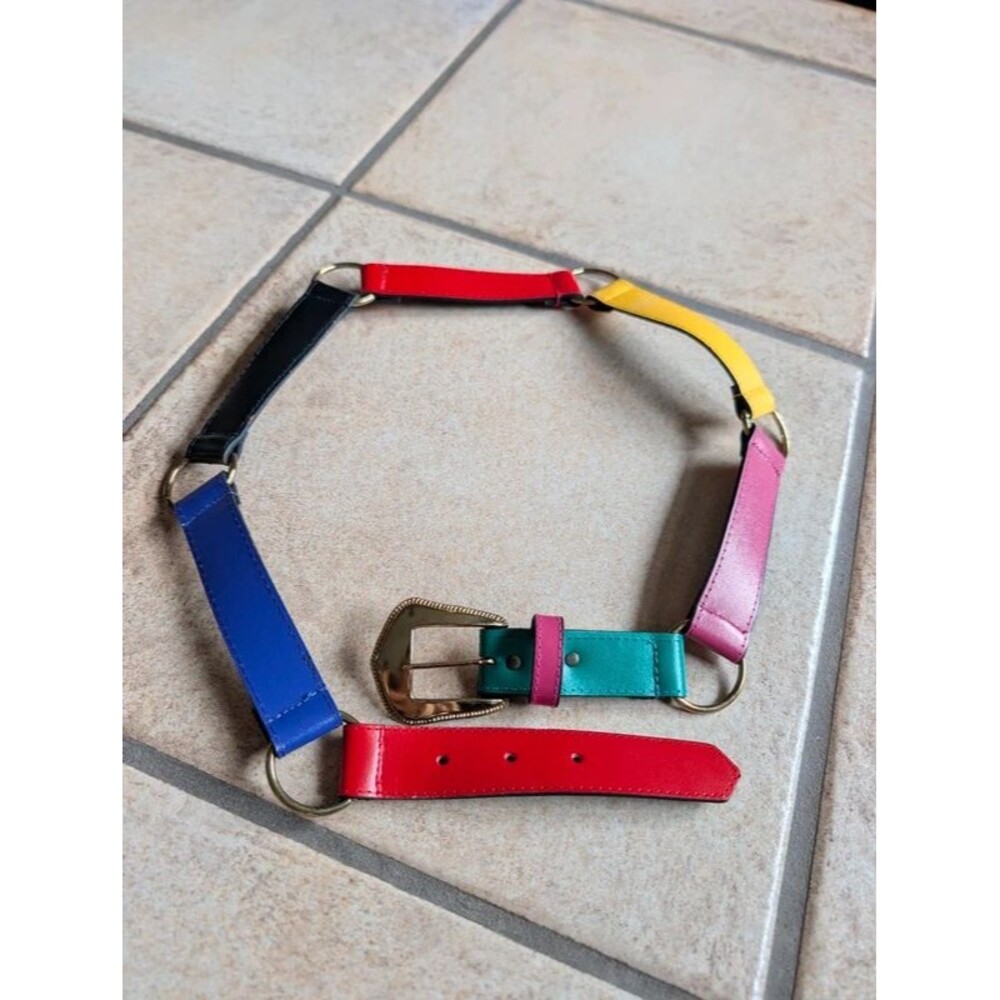 '80S multicolored faux leather belt bronze colored buckle 1980s vintage